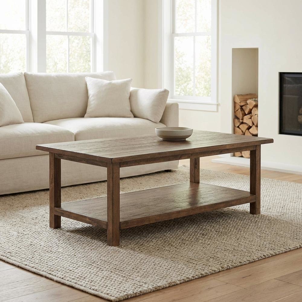 Distressed Brown Wood Coffee Table with Shelf Rectangular Farmhouse Style