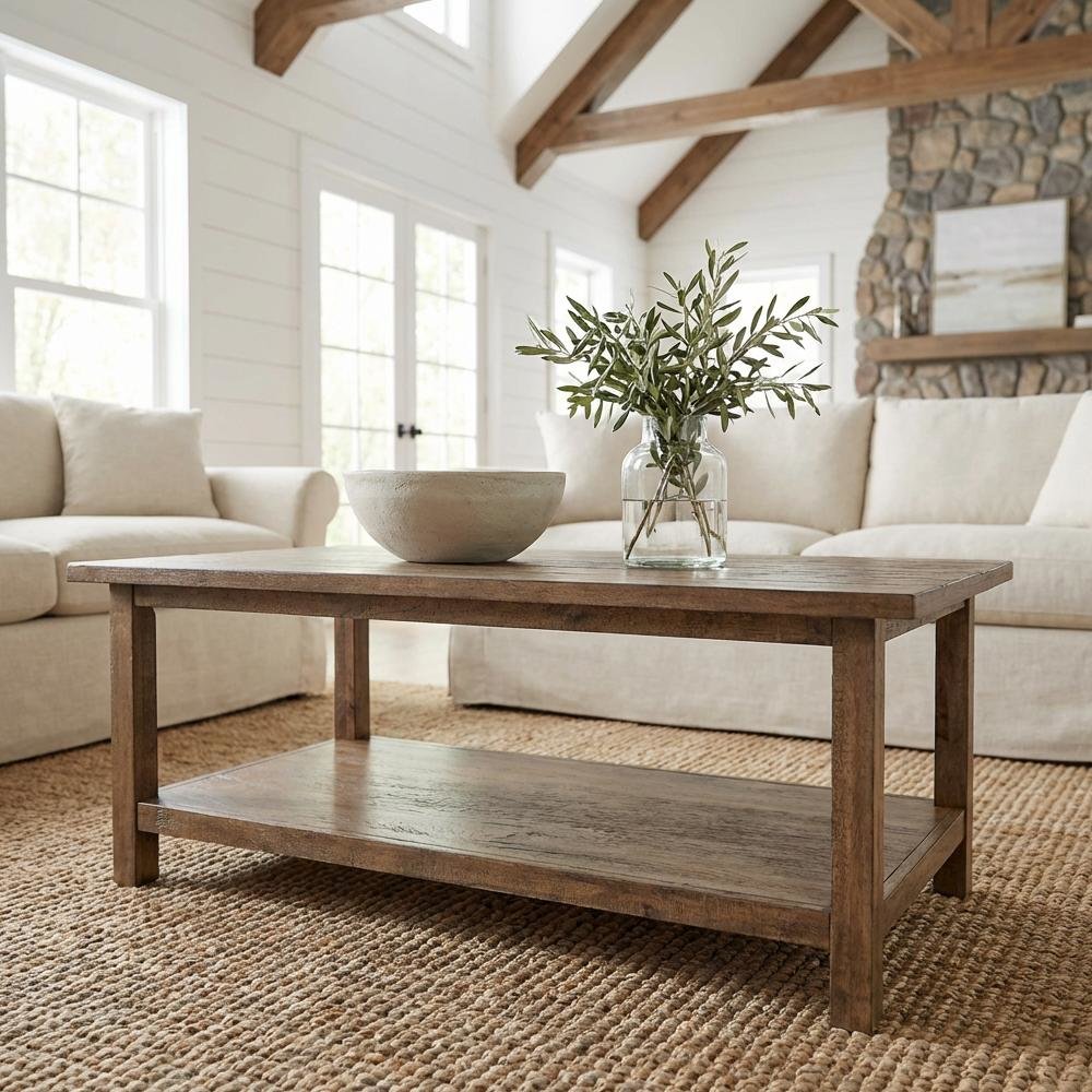 Distressed Brown Wood Coffee Table with Shelf Rectangular Farmhouse Style