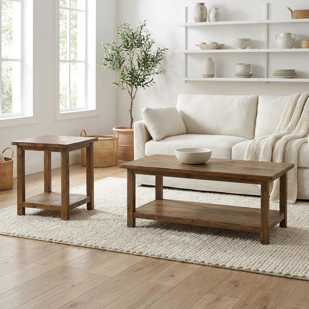 Distressed 2-Piece Living Room Table Set, Rectangular Coffee and End Tables