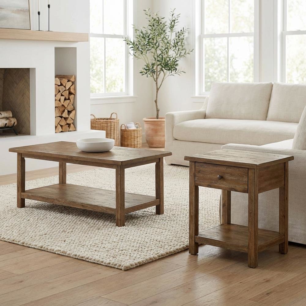 Brown 2-Piece Living Room Table Set with Farmhouse Style and Rectangular Shape