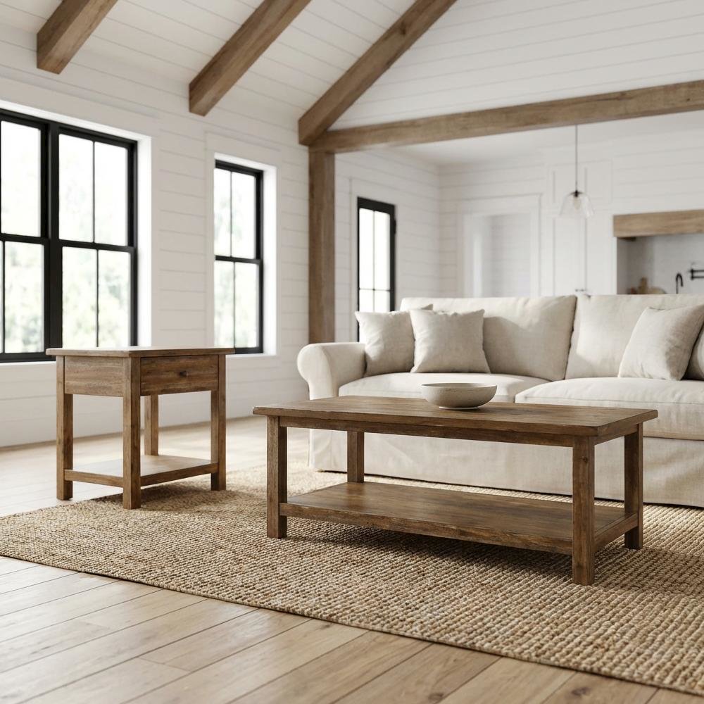 Brown 2-Piece Living Room Table Set with Farmhouse Style and Rectangular Shape
