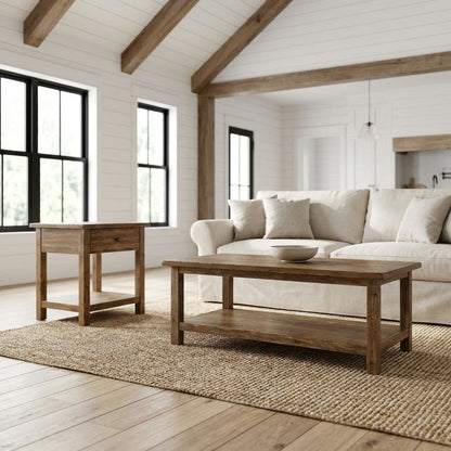 Brown 2-Piece Living Room Table Set with Farmhouse Style and Rectangular Shape