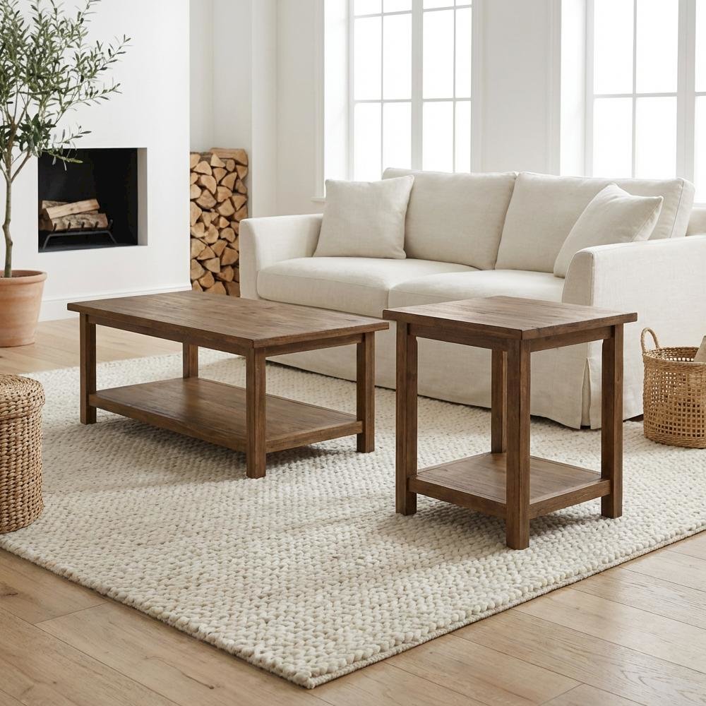 Distressed 3-Piece Living Room Table Set, Rectangular Coffee and End Tables