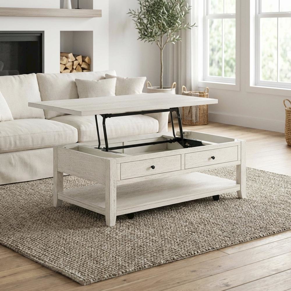Distressed White Lift-Top Coffee Table Rectangular Coastal Style