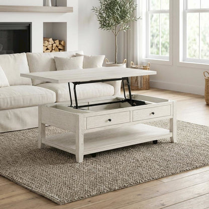 Distressed White Lift-Top Coffee Table Rectangular Coastal Style