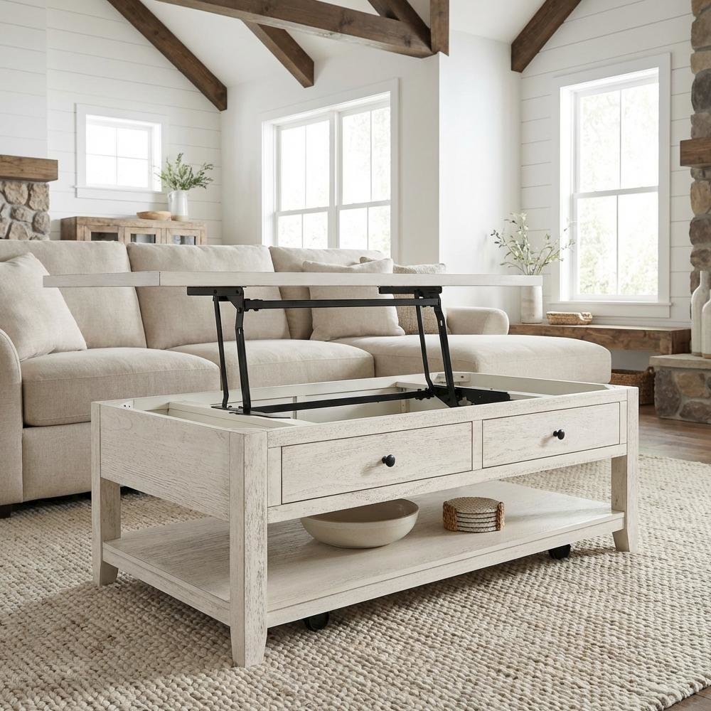 Distressed White Lift-Top Coffee Table Rectangular Coastal Style