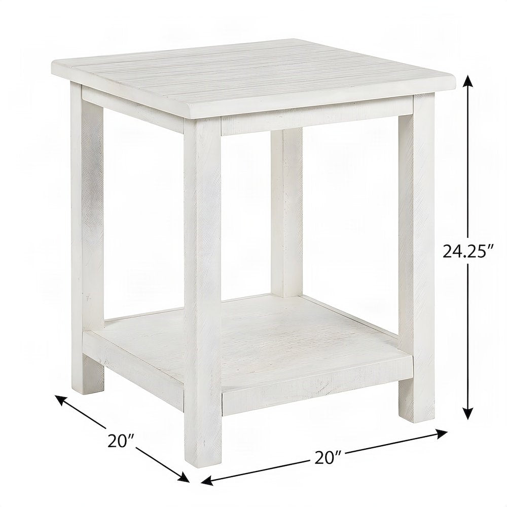 Farmhouse Wood End Table with Open Shelf, Small Side Table, Distressed White