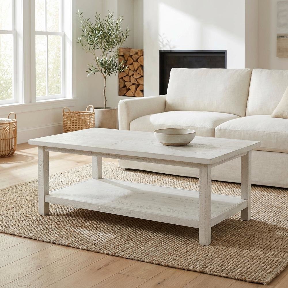 White Farmhouse Wood Coffee Table with Shelf and Rectangular Design