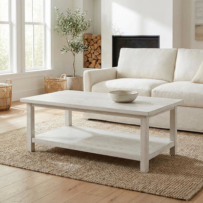White Farmhouse Wood Coffee Table with Shelf and Rectangular Design