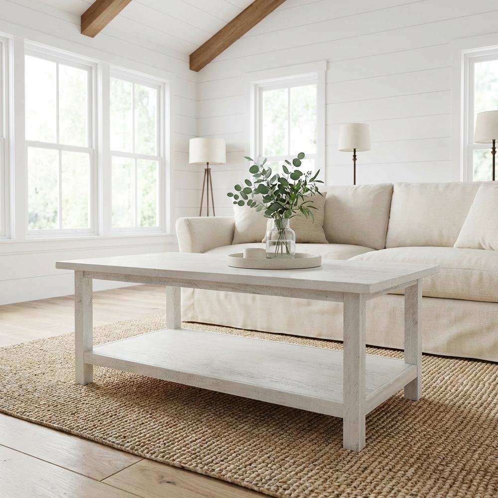White Farmhouse Wood Coffee Table with Shelf and Rectangular Design
