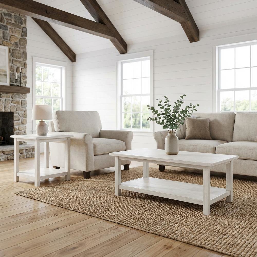 Distressed White 2-Piece Coffee and End Table Set with Farmhouse Style