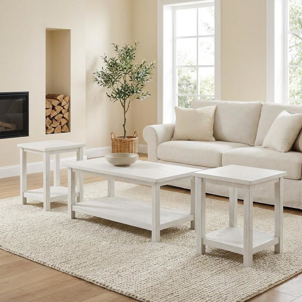 Distressed White 3-Piece Coffee and End Table Set with Rectangular Shape