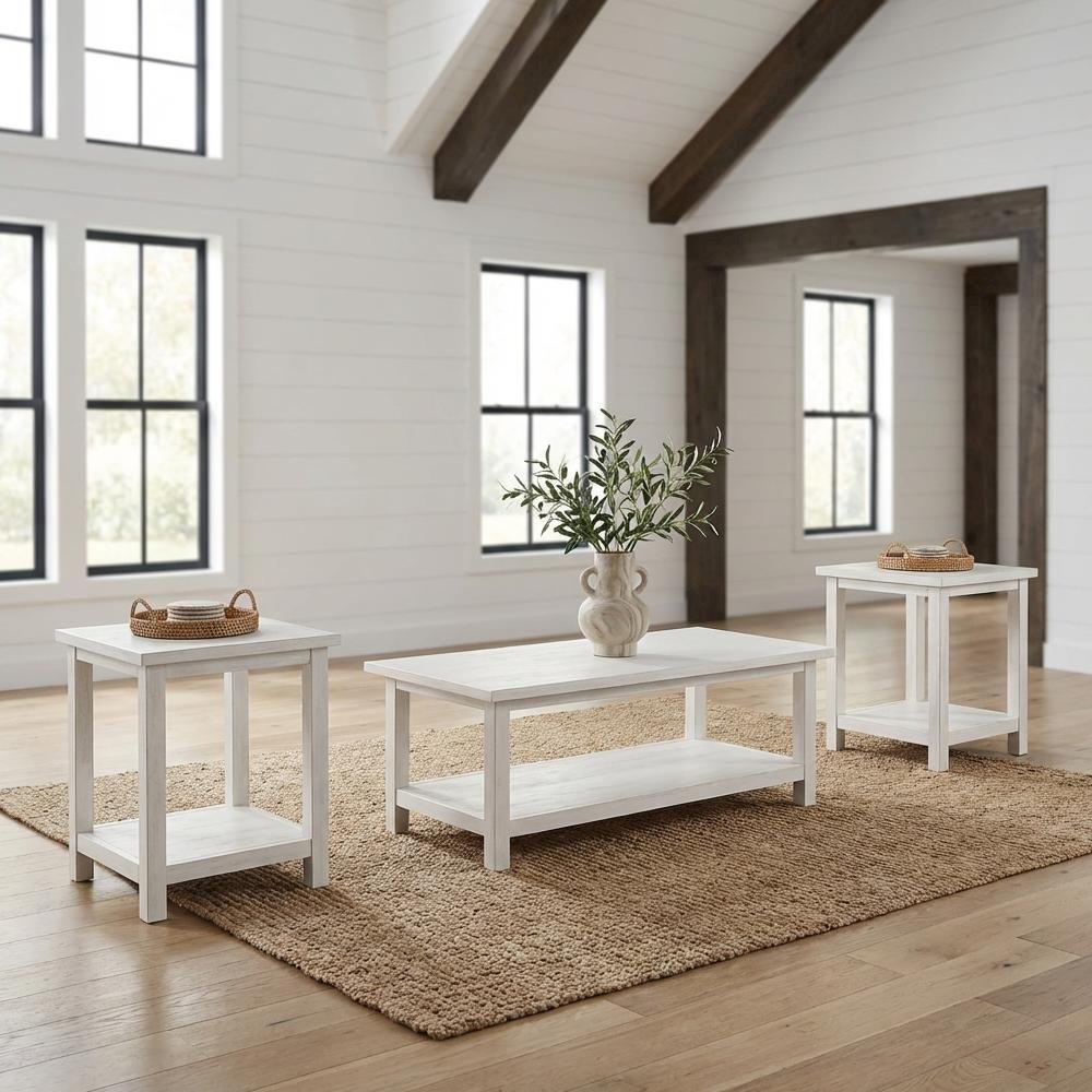 Distressed White 3-Piece Coffee and End Table Set with Rectangular Shape