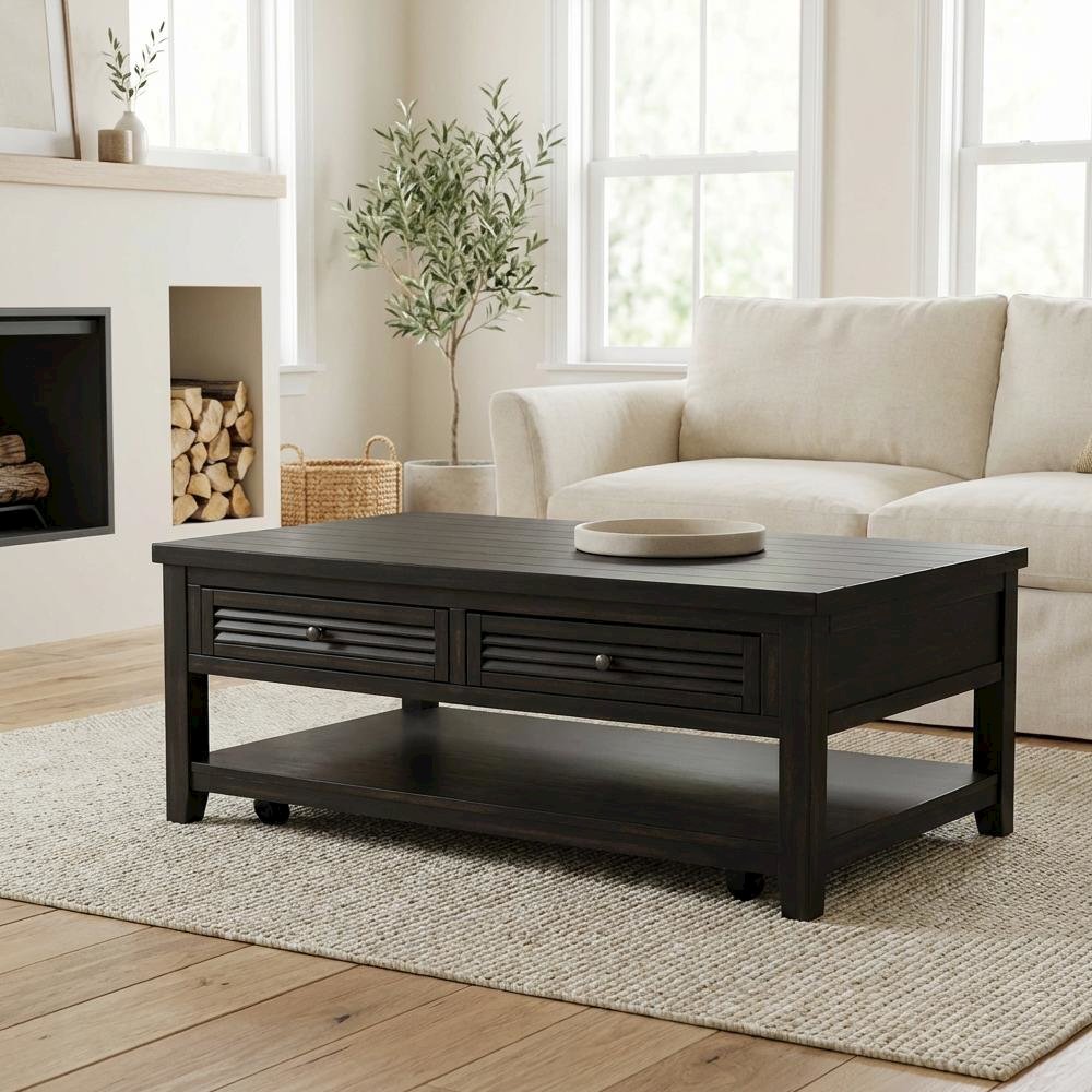 Rectangular Distressed Java Coffee Table with 2 Drawers and Coastal Style