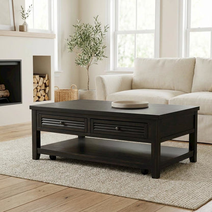 Rectangular Distressed Java Coffee Table with 2 Drawers and Coastal Style
