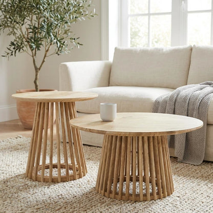 Round Mango Wood 2-Piece Coffee and End Table Set with Durable Wood Construction
