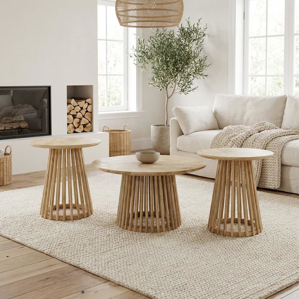 Mango-Finish Round 3-Piece Coffee and End Table Set with Durable Wood