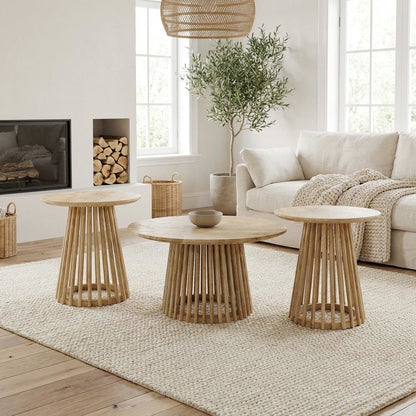 Mango-Finish Round 3-Piece Coffee and End Table Set with Durable Wood