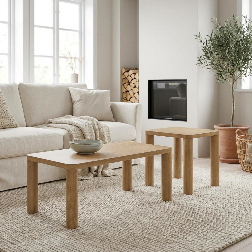 Light Oak 2-Piece Cocktail Coffee and End Table Set with Rectangular Design