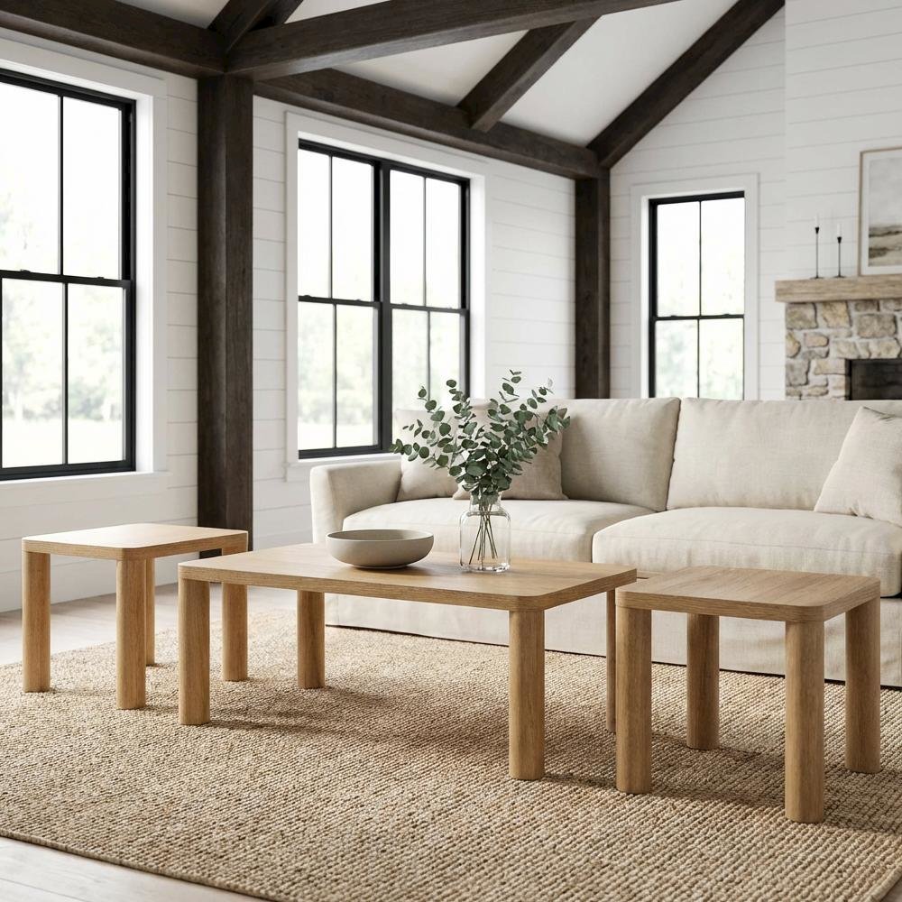 Light Oak 3-Piece Coffee Table Set with Rectangular Top and End Tables