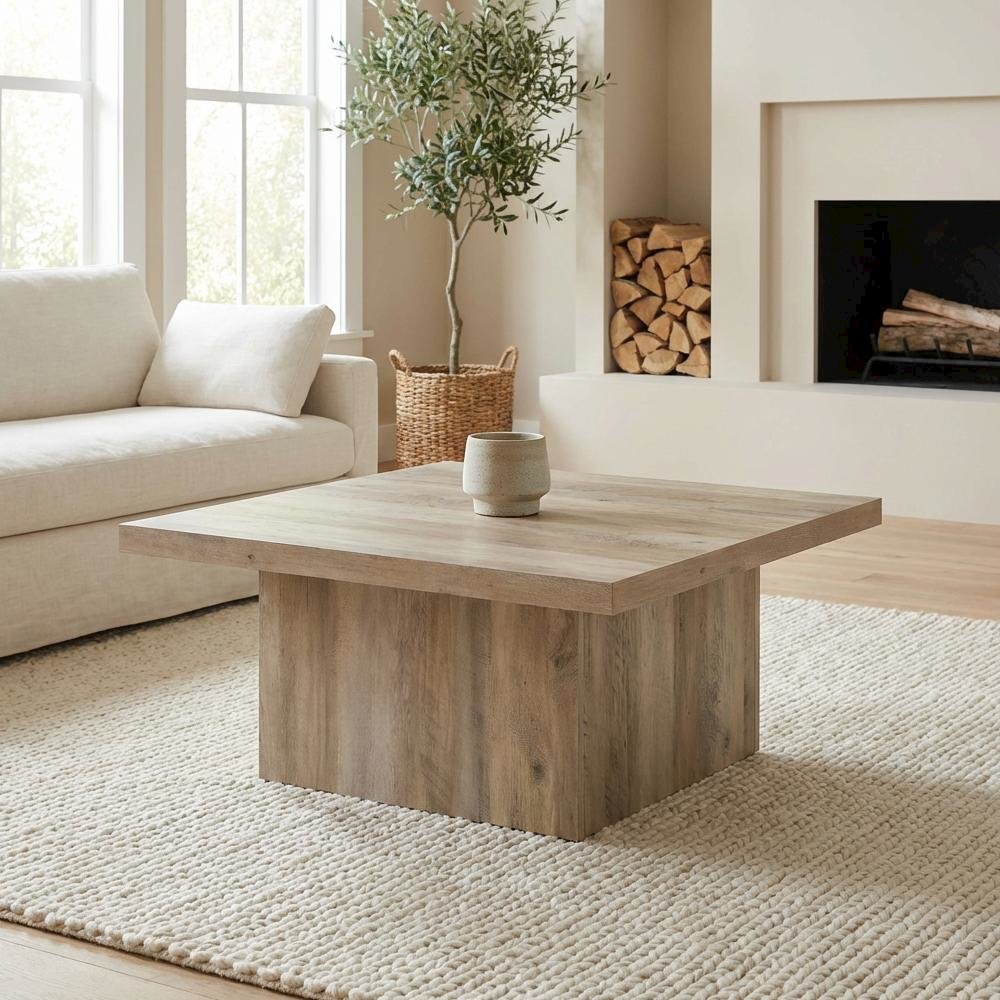 Square Distressed Pine Coffee Table with Plastic Glide and Transitional Style