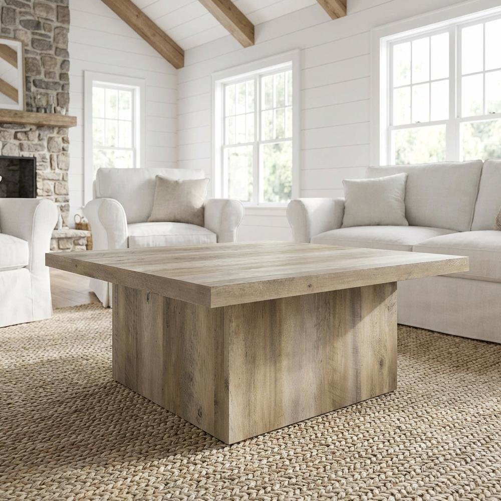 Square Distressed Pine Coffee Table with Plastic Glide and Transitional Style