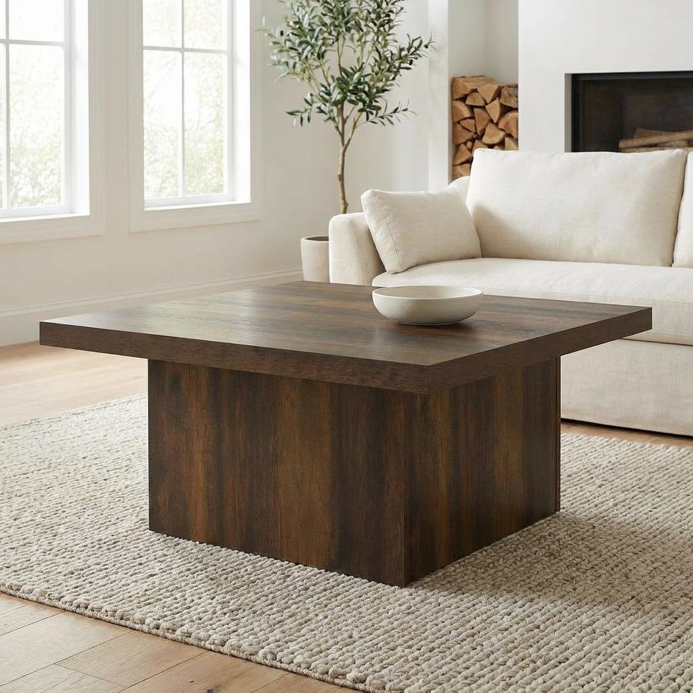 Dark Pine Square Engineered Wood Coffee Table with Plastic Glide Levelers