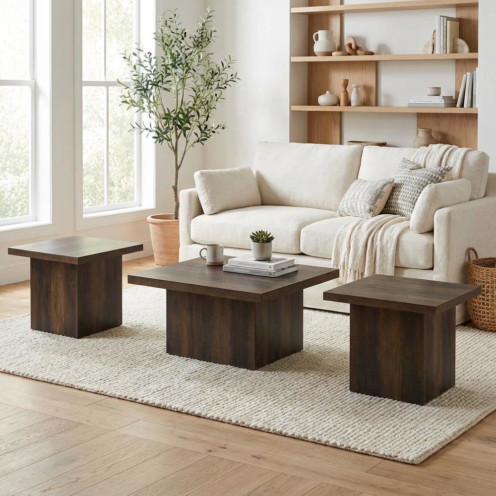 Dark Pine 3-Piece Square Coffee and End Table Set with Plastic Glides