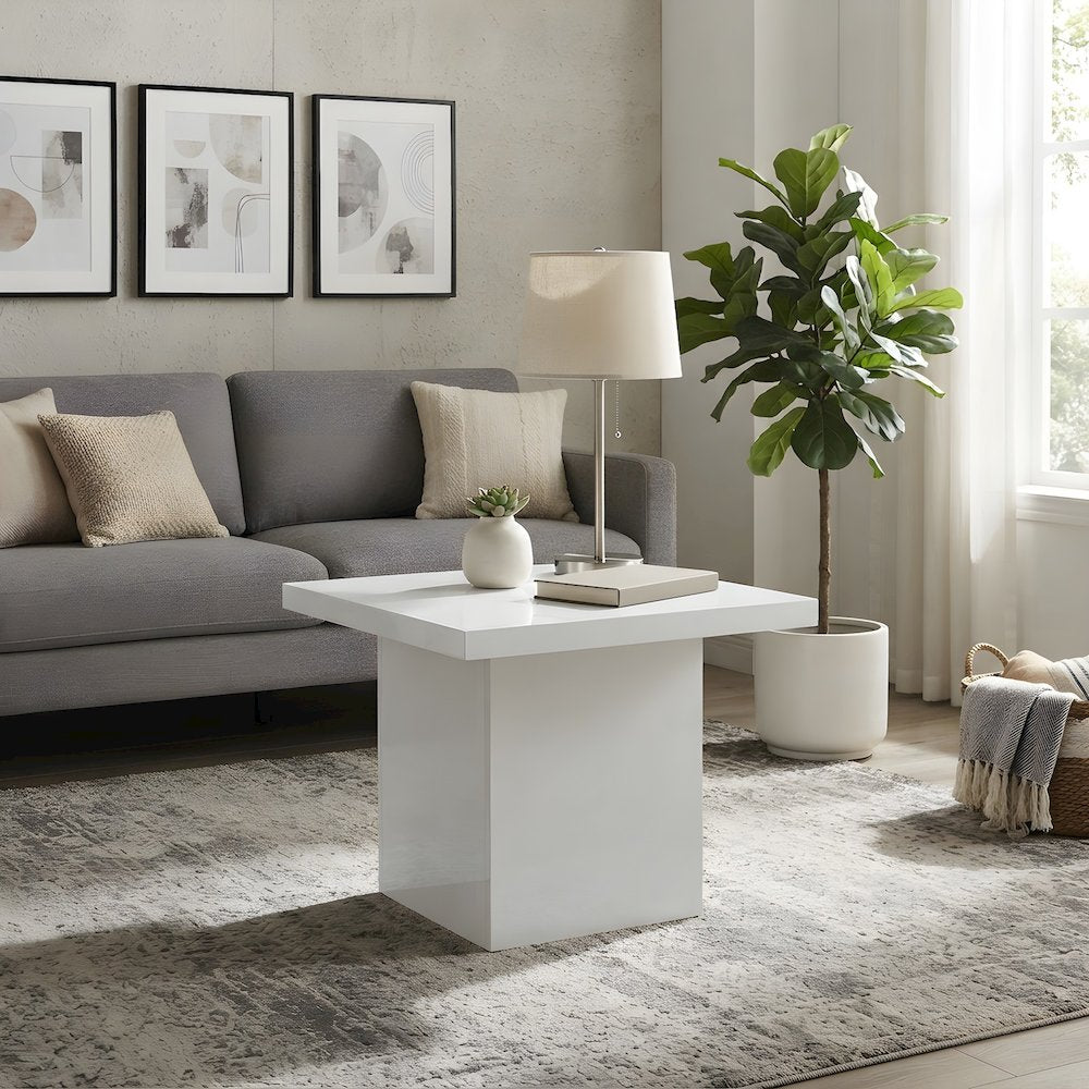 High-Gloss Melamine Square Side Table, Contemporary Base, White