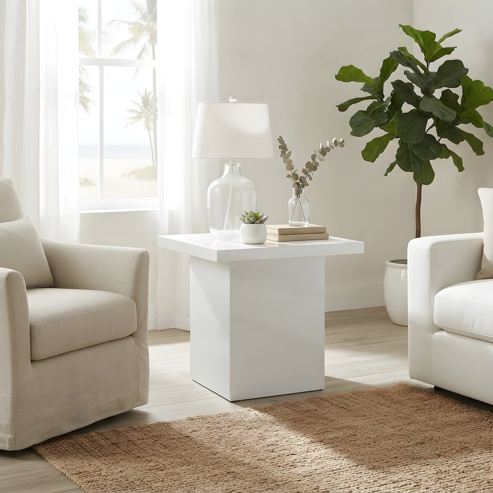 High-Gloss Melamine Square Side Table, Contemporary Base, White