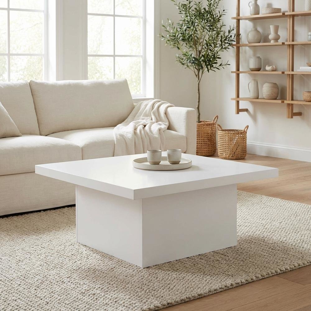 White High Gloss Square Coffee Table Engineered Wood with Plastic Glide