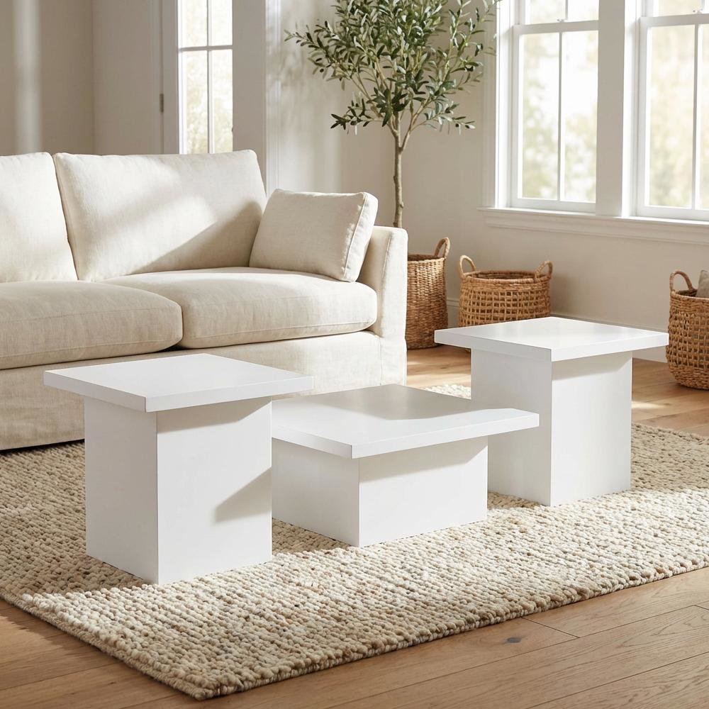 White High Gloss 3-Piece Square Coffee and End Table Set with Plastic Glides