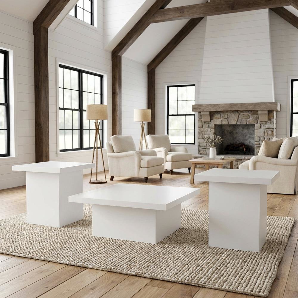 White High Gloss 3-Piece Square Coffee and End Table Set with Plastic Glides