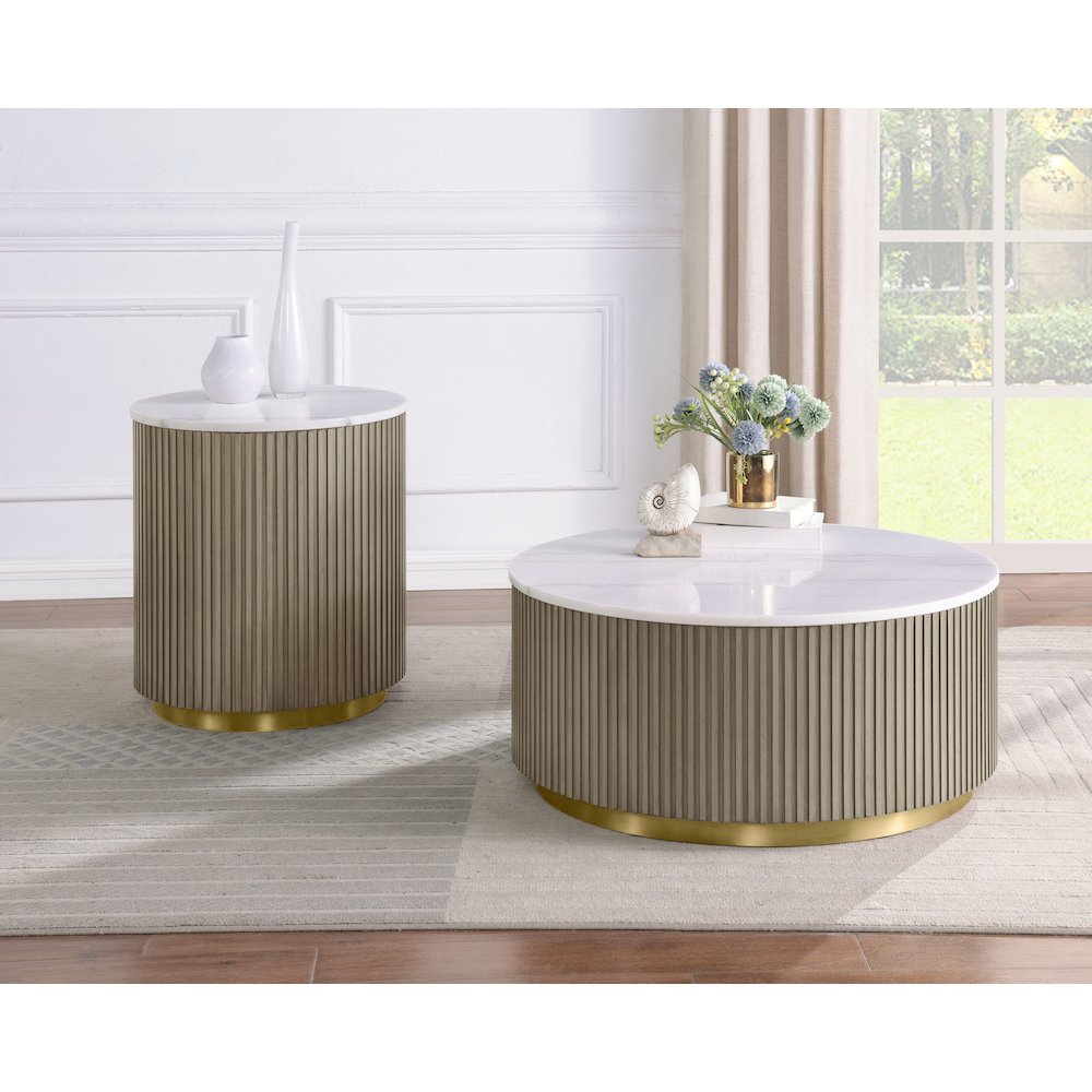 Jason Round White Marble Top Side End Table Greige