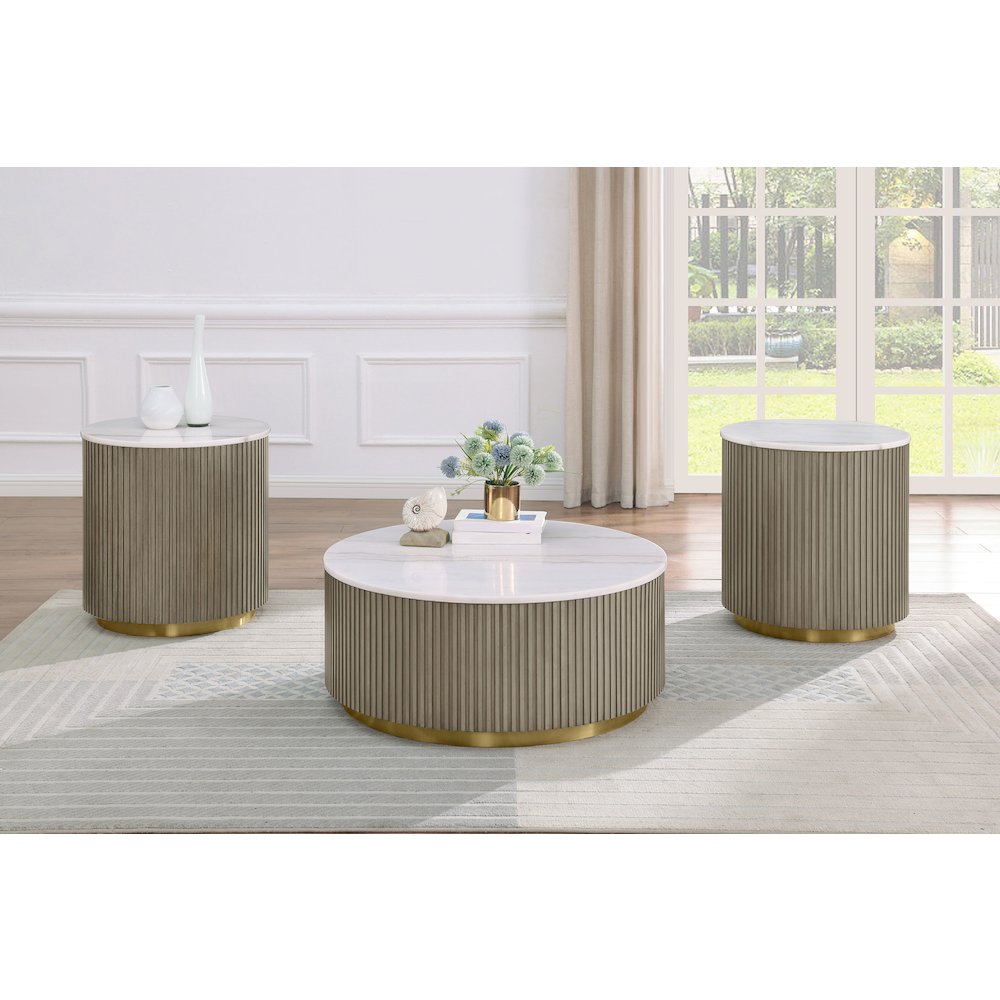 Jason 3-piece Round White Marble Coffee Table Set Greige
