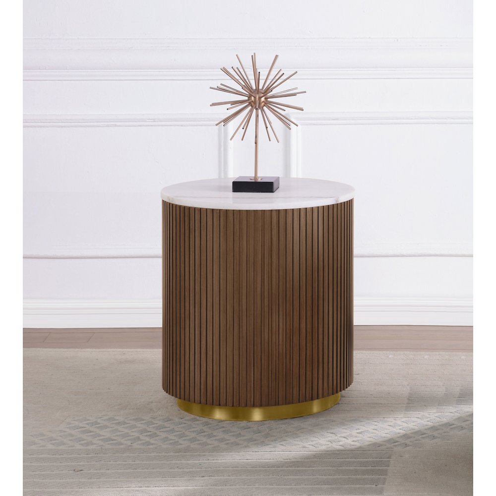 Jason Round White Marble Top Side End Table Honey Brown