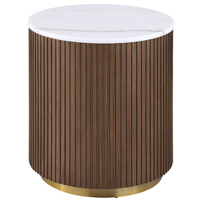 Jason Round White Marble Top Side End Table Honey Brown