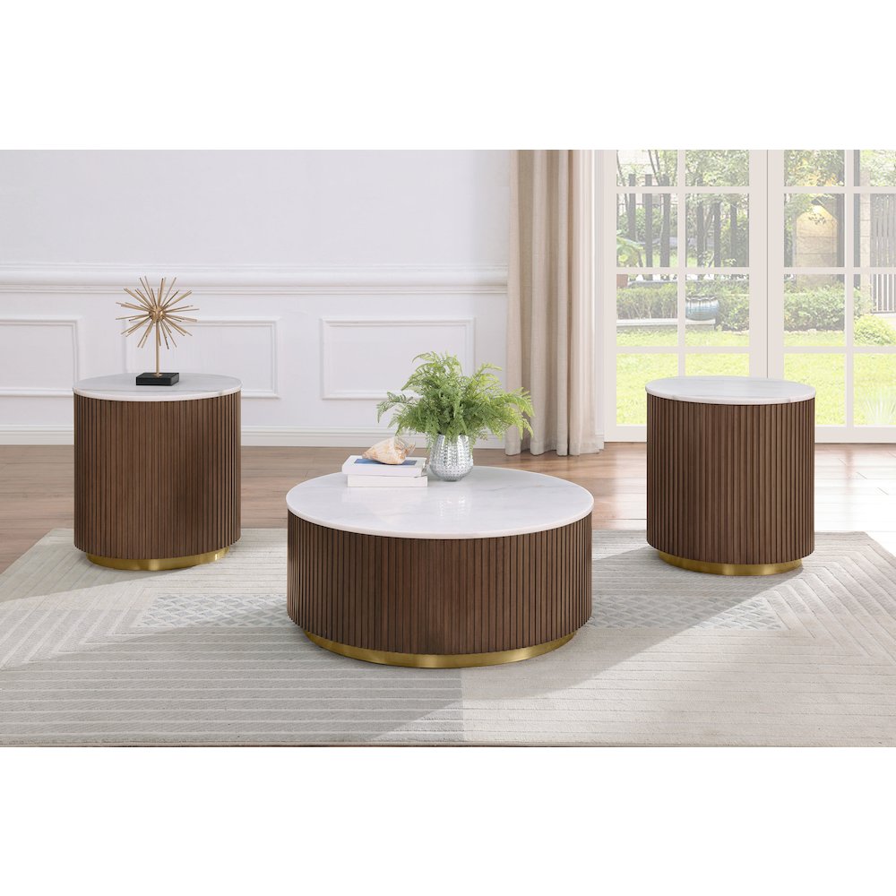 Jason Round White Marble Top Side End Table Honey Brown