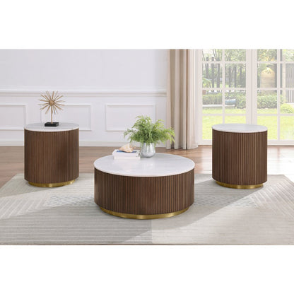 Jason Round White Marble Top Side End Table Honey Brown