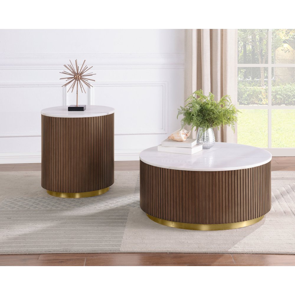 Jason 2-piece Round White Marble Coffee Table Set Honey Brown