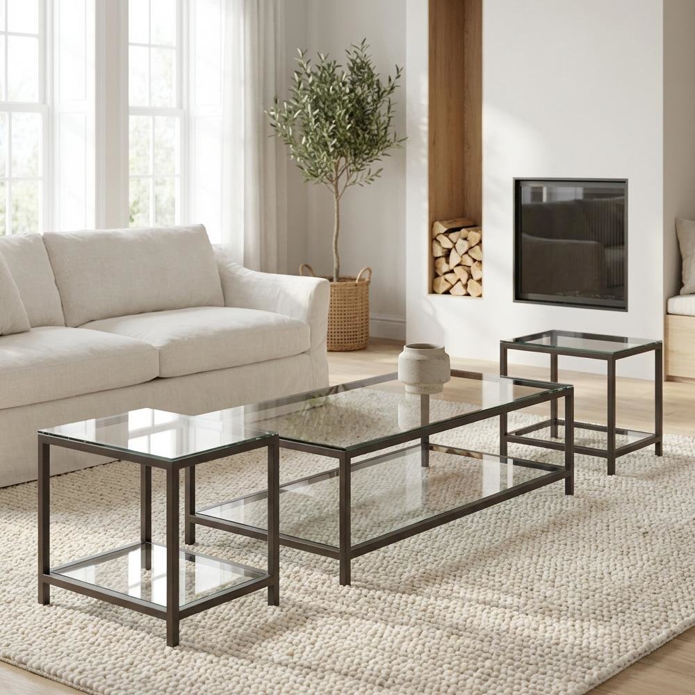 Black 3-Piece Living Room Table Set with Rectangular Coffee and End Tables