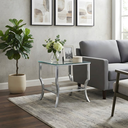 Square Glass Top End Table with Metal Frame for Living Room, Chrome