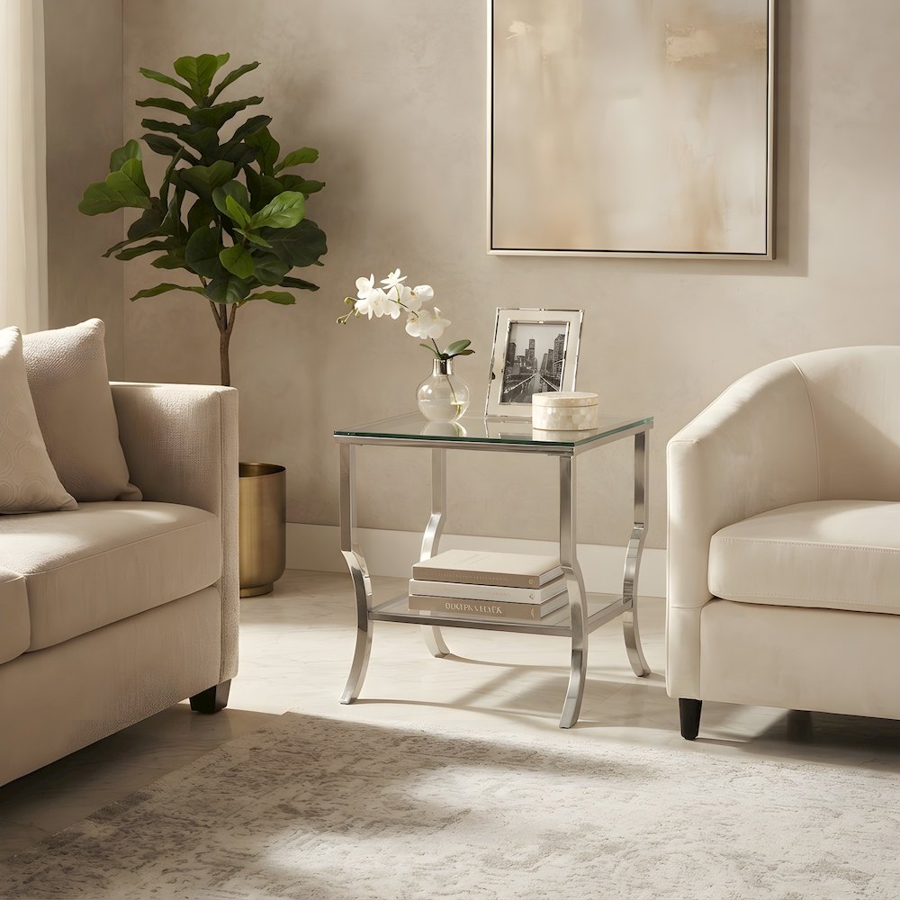 Square Glass Top End Table with Metal Frame for Living Room, Chrome