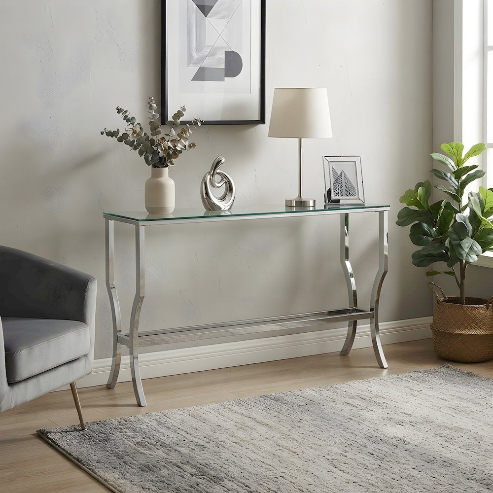 Metal Sofa Table with Rectangular Glass Top and Console for Entryway, Chrome