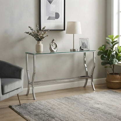 Metal Sofa Table with Rectangular Glass Top and Console for Entryway, Chrome