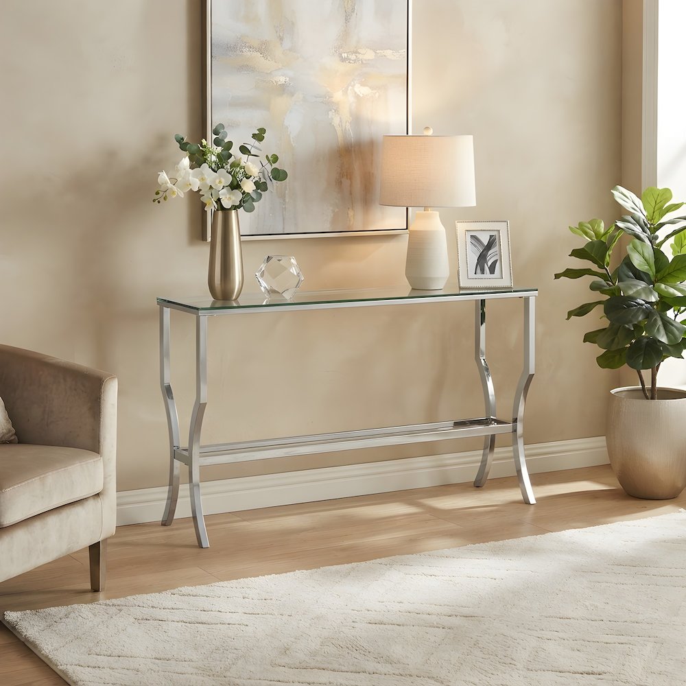 Metal Sofa Table with Rectangular Glass Top and Console for Entryway, Chrome