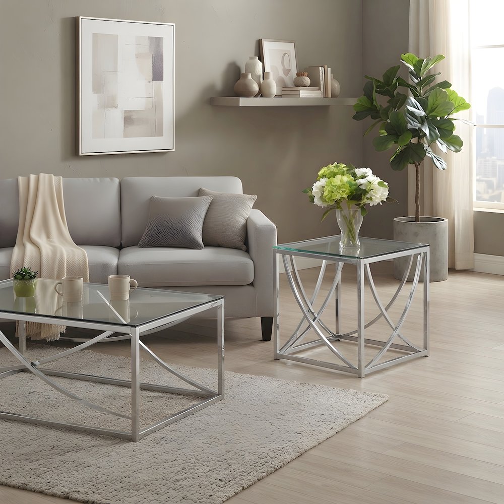 Glass Top End Table with Square Metal Frame for Living Room, Chrome