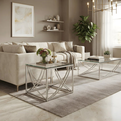 Glass Top End Table with Square Metal Frame for Living Room, Chrome