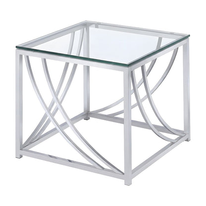 Glass Top End Table with Square Metal Frame for Living Room, Chrome