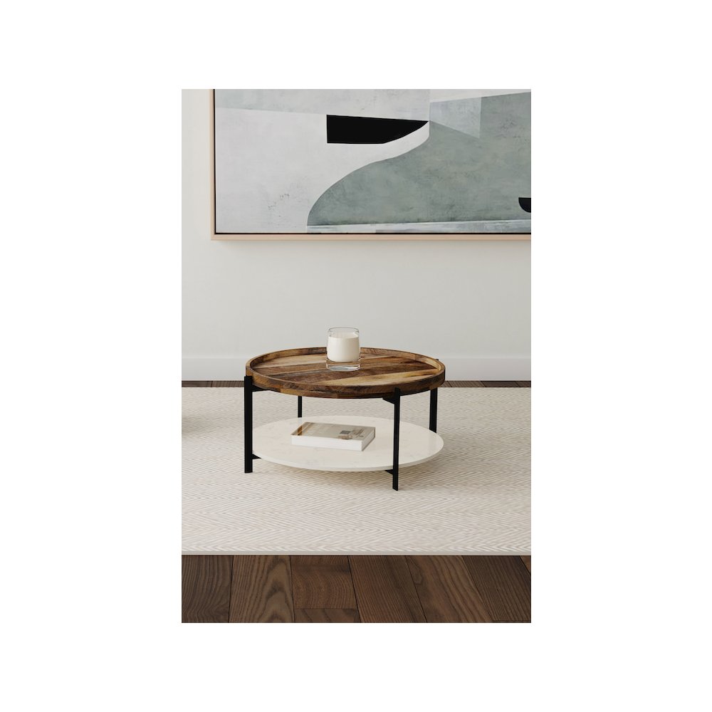 Adhvik Round Wood Top Marble Shelf Coffee Table Natural